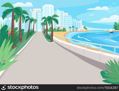 Luxury seaside resort street flat color vector illustration. Waterfront with skyscrapers and tropical palms. Seafront 2D cartoon landscape with sandy beach and city buildings on background. Luxury seaside resort street flat color vector illustration