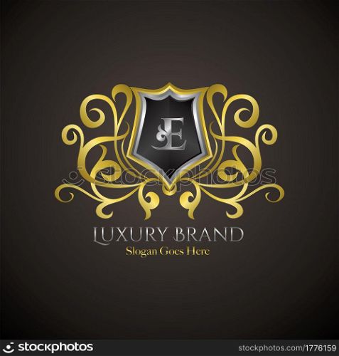 Luxury Shield Logo Letter E Golden Color Vector Design Concept Crown Royal Brand Identity.