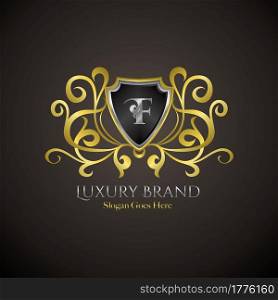 Luxury Shield Logo Letter F Golden Color Vector Design Concept Crown Royal Brand Identity.