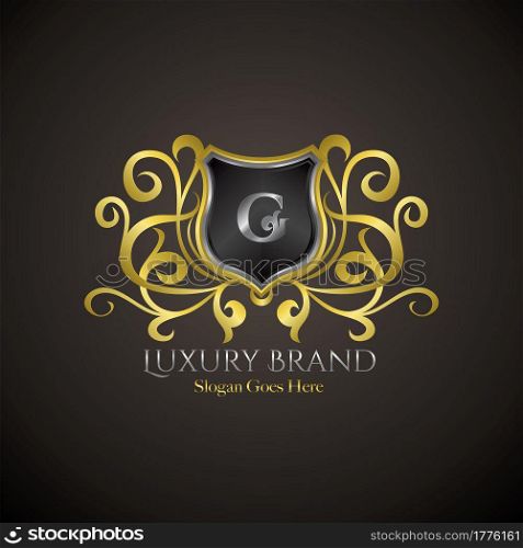 Luxury Shield Logo Letter G Golden Color Vector Design Concept Crown Royal Brand Identity.