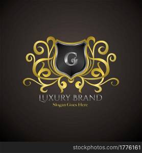 Luxury Shield Logo Letter G Golden Color Vector Design Concept Crown Royal Brand Identity.
