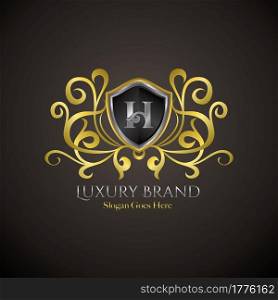 Luxury Shield Logo Letter H Golden Color Vector Design Concept Crown Royal Brand Identity.