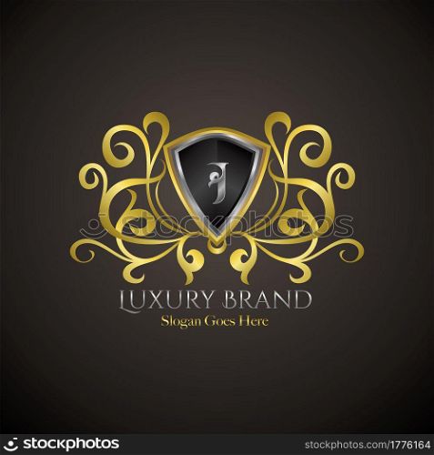 Luxury Shield Logo Letter J Golden Color Vector Design Concept Crown Royal Brand Identity.