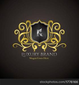 Luxury Shield Logo Letter K Golden Color Vector Design Concept Crown Royal Brand Identity.