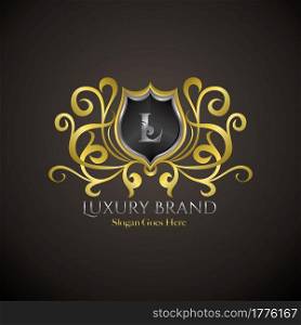 Luxury Shield Logo Letter L Golden Color Vector Design Concept Crown Royal Brand Identity.
