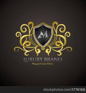 Luxury Shield Logo Letter M Golden Color Vector Design Concept Crown Royal Brand Identity.