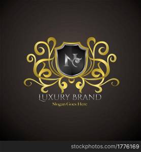 Luxury Shield Logo Letter N Golden Color Vector Design Concept Crown Royal Brand Identity.