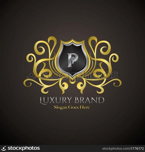 Luxury Shield Logo Letter P Golden Color Vector Design Concept Crown Royal Brand Identity.