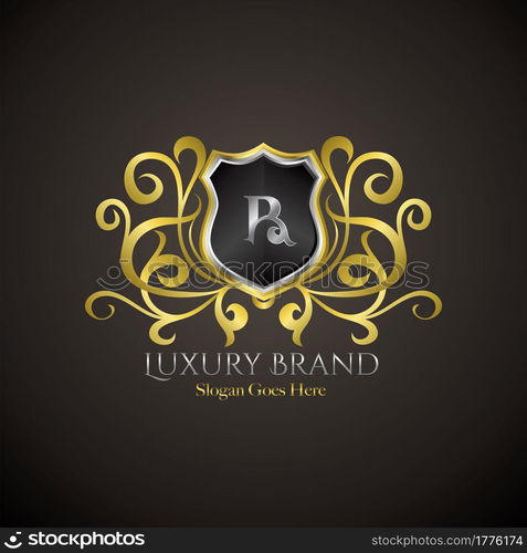 Luxury Shield Logo Letter R Golden Color Vector Design Concept Crown Royal Brand Identity.