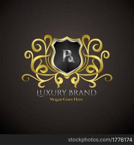 Luxury Shield Logo Letter R Golden Color Vector Design Concept Crown Royal Brand Identity.