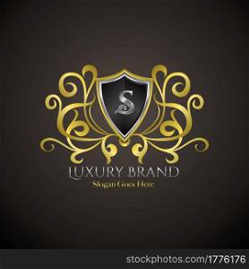 Luxury Shield Logo Letter S Golden Color Vector Design Concept Crown Royal Brand Identity.