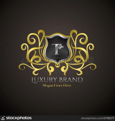 Luxury Shield Logo Letter T Golden Color Vector Design Concept Crown Royal Brand Identity.