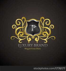 Luxury Shield Logo Letter T Golden Color Vector Design Concept Crown Royal Brand Identity.