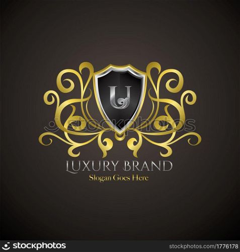 Luxury Shield Logo Letter U Golden Color Vector Design Concept Crown Royal Brand Identity.