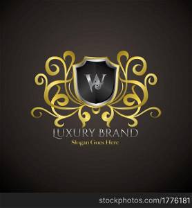 Luxury Shield Logo Letter W Golden Color Vector Design Concept Crown Royal Brand Identity.