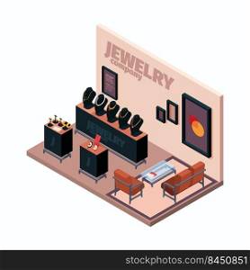 Luxury stores. Jewelry shop with glass transparent shelves for glamour treasures colored gem golden rings and platinum bracelets garish vector isometric interior. Illustration of shop jewelry store. Luxury stores. Jewelry shop with glass transparent shelves for glamour treasures colored gem golden rings and platinum bracelets garish vector isometric interior