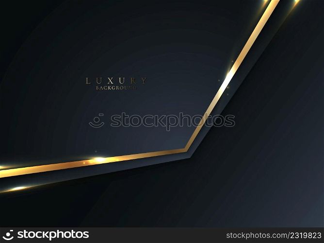 Luxury style template abstract 3D blue geometric shapes and golden stripes line with shiny lighting effect on dark blue background. Vector illustration
