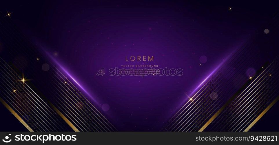 Luxury triangle elegant purple with golden lines and light effect and bokeh with copy space for text. Template award design. Vector illustration