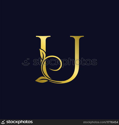 Luxury U Initial Letter Logo gold color, vector design concept ornate swirl floral leaf ornament with initial letter alphabet for luxury style.