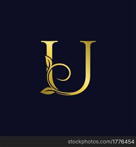 Luxury U Initial Letter Logo gold color, vector design concept ornate swirl floral leaf ornament with initial letter alphabet for luxury style.