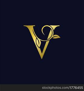 Luxury V Initial Letter Logo gold color, vector design concept ornate swirl floral leaf ornament with initial letter alphabet for luxury style.