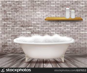 Luxury vintage bathtub with soap foam in bathroom. Vector illustration