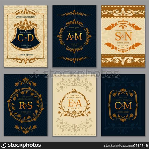 Luxury vintage wedding invitation vector cards with logo monograms and ornate frame. Classic monogram luxury label on invitation poster illustration. Luxury vintage wedding invitation vector cards with logo monograms and ornate frame