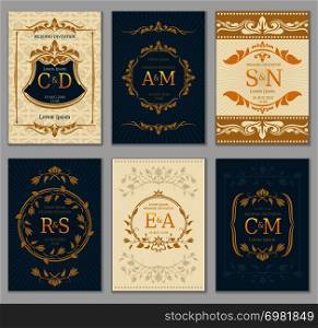 Luxury vintage wedding invitation vector cards with logo monograms and ornate frame. Classic monogram luxury label on invitation poster illustration. Luxury vintage wedding invitation vector cards with logo monograms and ornate frame