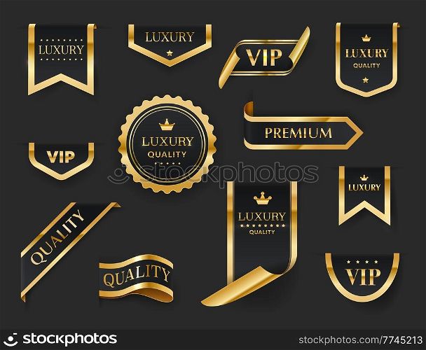 Luxury, VIP, premium golden labels, ribbons, badges and stickers. Gold and black isolated vector signs of exclusive quality products with royal crowns, stars and glossy metal frame borders. Luxury, VIP, premium gold labels, ribbons, badges