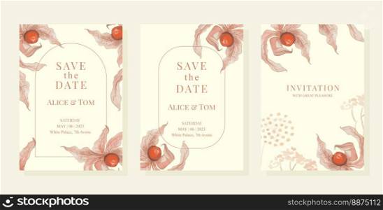 Luxury wedding invitation card background with watercolor physalis and leaves. Abstract art background vector design for wedding and vip cover template. EPS10. Luxury wedding invitation card background with watercolor physalis and leaves. Abstract art background vector design for wedding and vip cover template.