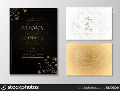 Luxury wedding invitation card template black, white and gold background elegant with golden design. Vector illustration.Eps10
