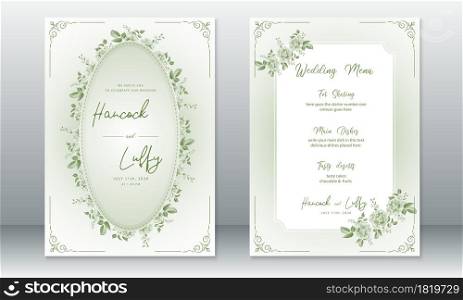 Luxury wedding invitation card template. Design vintage green background with rose bouquet. Vector illustration.Eps10