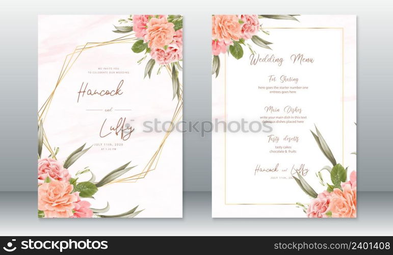 Luxury wedding invitation card template elegant background with golden frame and rose bouquet