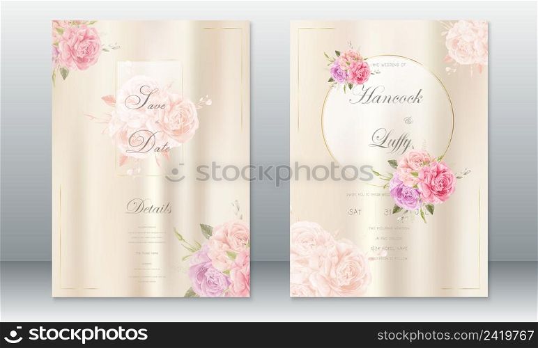 Luxury wedding invitation card template elegant background with golden frame and rose bouquet