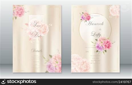 Luxury wedding invitation card template elegant background with golden frame and rose bouquet