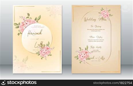 Luxury wedding invitation card template. Elegant background with golden frame and rose bouquet. Vector illustration.Eps10