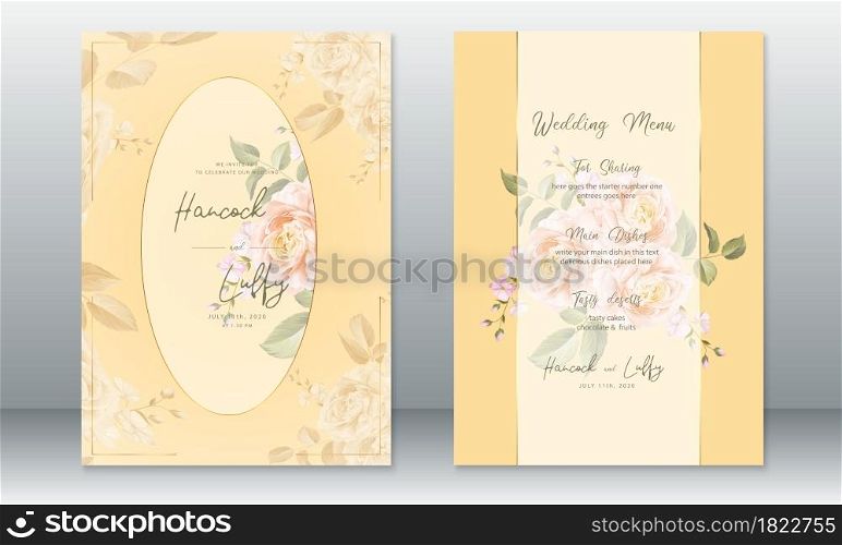 Luxury wedding invitation card template. Elegant background with golden frame and rose bouquet. Vector illustration.Eps10