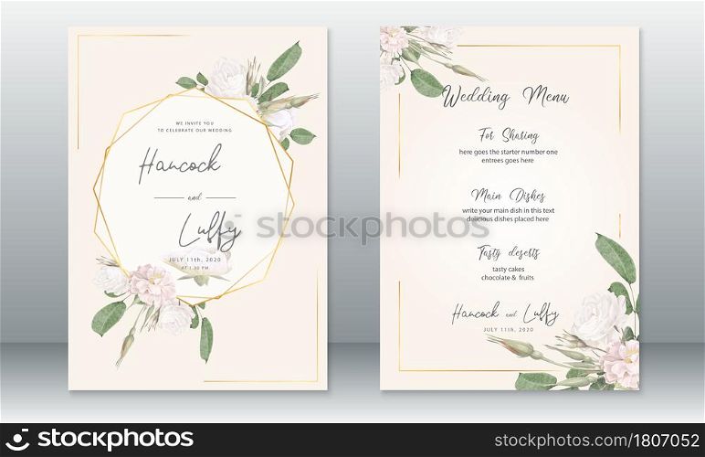 Luxury wedding invitation card template. Elegant background with golden frame and watercolor rose bouquet. Vector illustration.Eps10