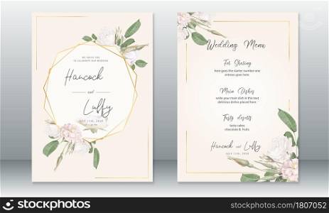 Luxury wedding invitation card template. Elegant background with golden frame and watercolor rose bouquet. Vector illustration.Eps10
