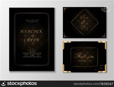 Luxury wedding invitation card template. Elegant of black dark background with golden frame