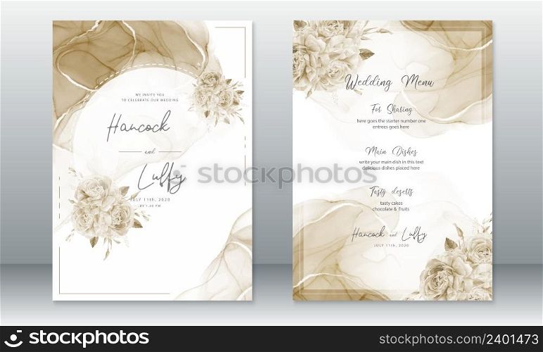 Luxury wedding invitation card template elegant of gold background with marble texture and rose bouquet
