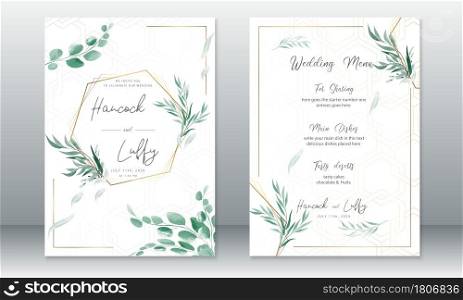 Luxury wedding invitation card template. Elegant of golden with green leaf watercolor on white background. Vector illustration.Eps10