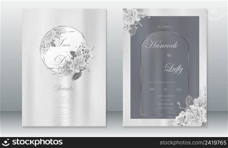 Luxury wedding invitation card template elegant of gray background with rose bouquet