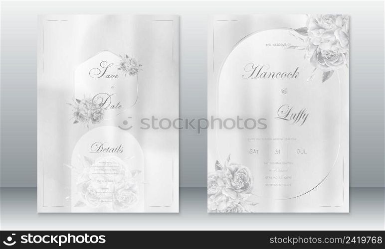 Luxury wedding invitation card template elegant of gray background with rose bouquet