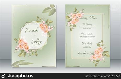 Luxury wedding invitation card template. Elegant of green background with golden frame and rose bouquet. Vector illustration.Eps10