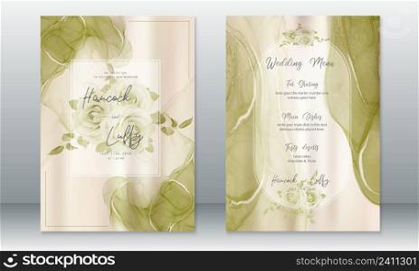 Luxury wedding invitation card template elegant of green background with marble texture and rose bouquet