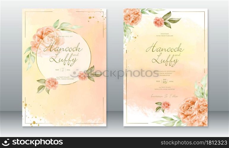Luxury wedding invitation card template. Elegant of orange with golden frame and watercolor background. Vector illustration.Eps10
