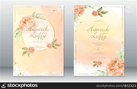 Luxury wedding invitation card template. Elegant of orange with golden frame and watercolor background. Vector illustration.Eps10