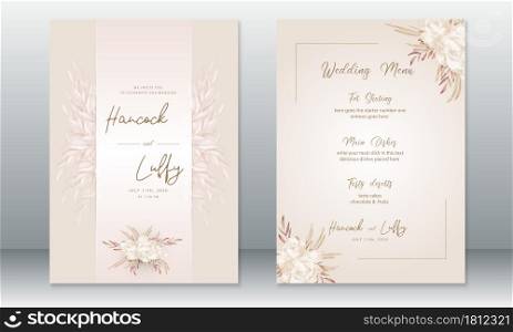 Luxury wedding invitation card template. Elegant of pink background rose and leaf watercolor. Vector illustration.Eps10