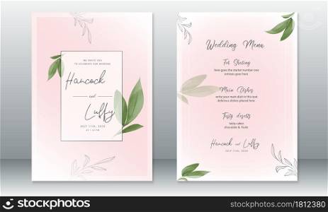 Luxury wedding invitation card template. Elegant of pink background with frame and green leaf. Vector illustration.Eps10